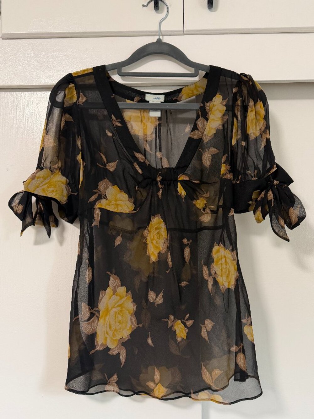 Anthropologie Odille Vintage Yellow Rose Sheer Silk Blouse